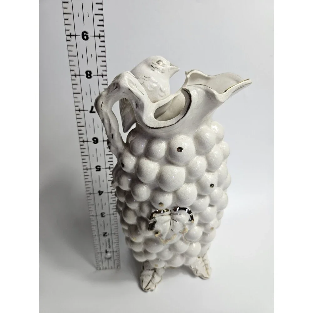 Vintage Gold White Tilso Japan Bird Grape Fruit Ceramic Pitcher Urn